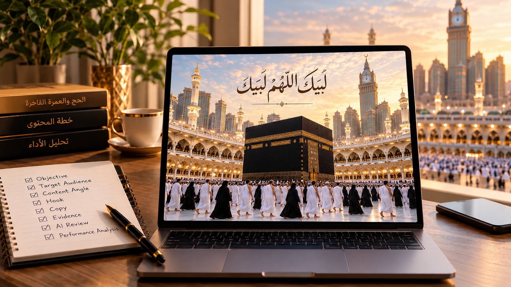 A laptop showing the Kaaba and Talbiyah calligraphy beside a content checklist for a luxury Hajj and Umrah brand